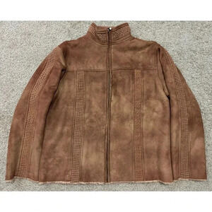 VINTAGE LISA INTERNATIONAL Women Suede Jacket Brown Boho Western Fur Line Medium